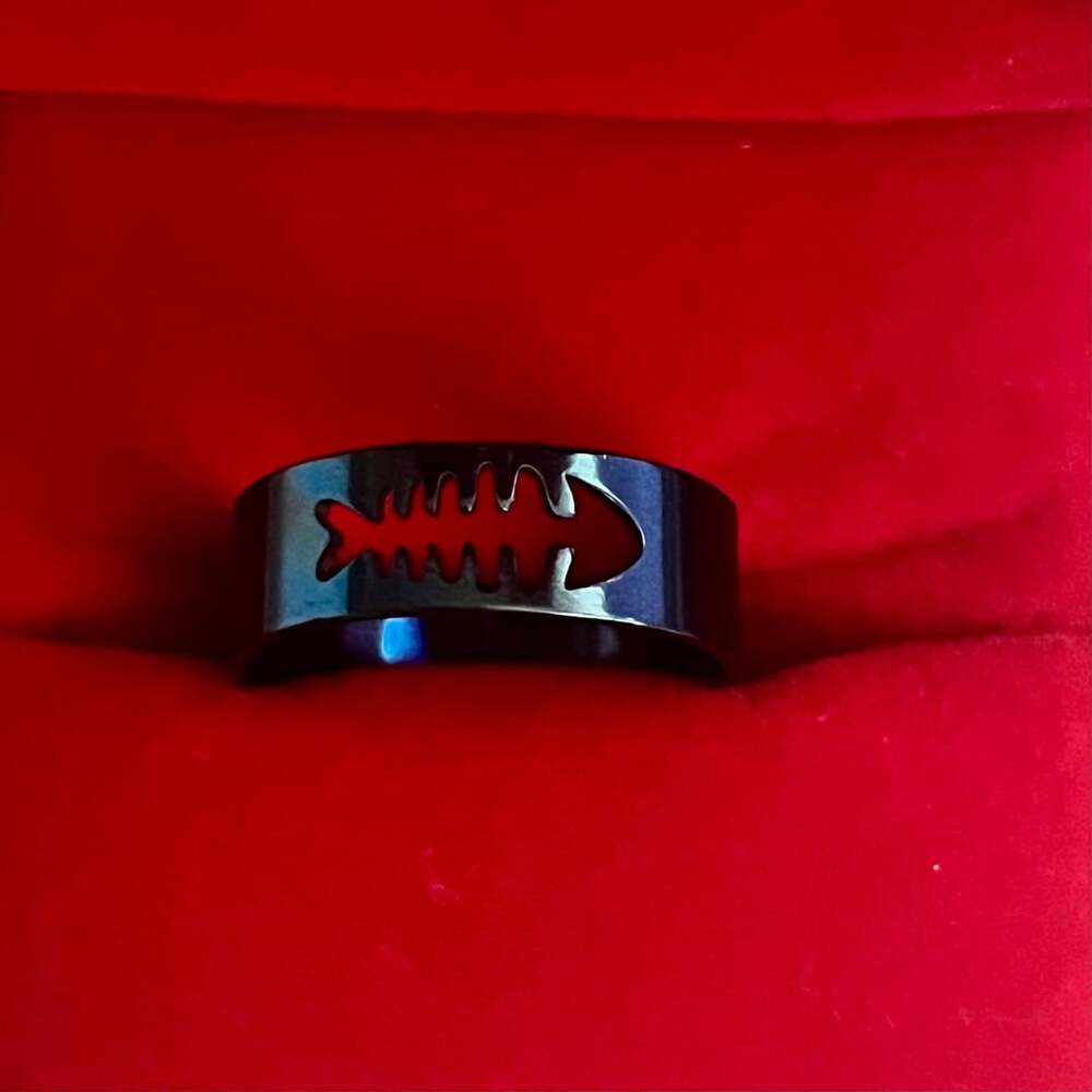 Hallowed Fish Skeleton Ring Blue Stainless Steel 6mm Band Size 9